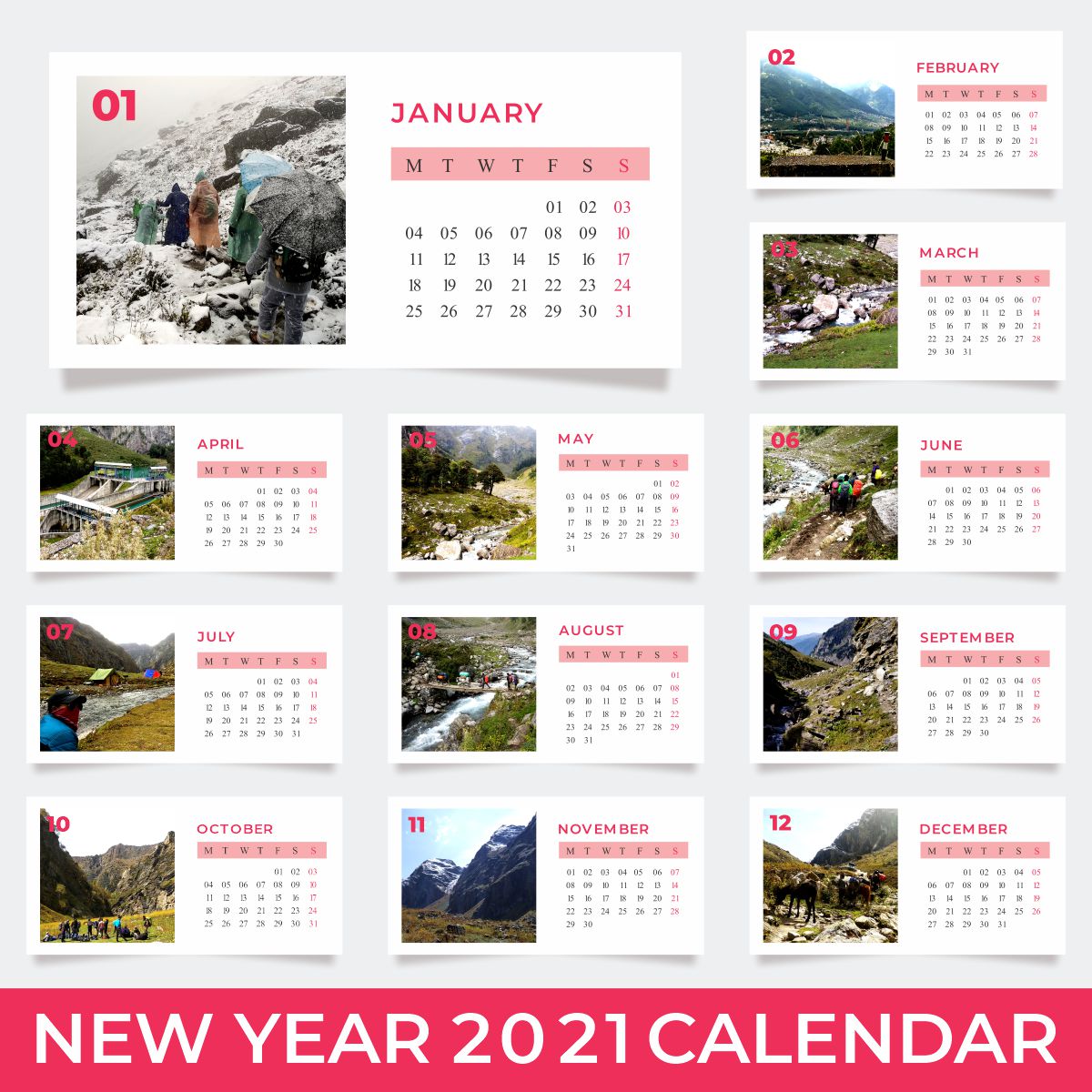 2021 Calendar Template With Nature Photography Free Vector