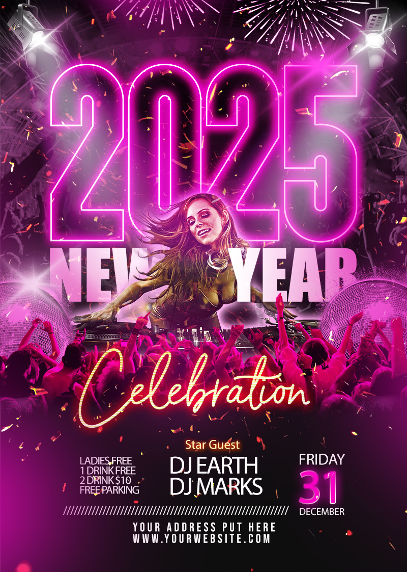 2025 New Year Party Celebration Flyer PSD Template Download For Free