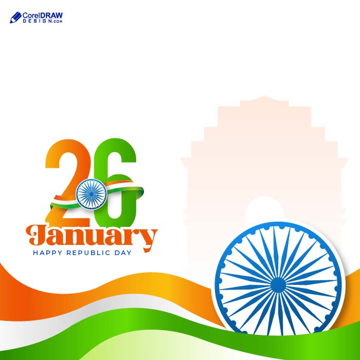 26 january text with ashok chakra and indian tricolor flag india gate vectpr