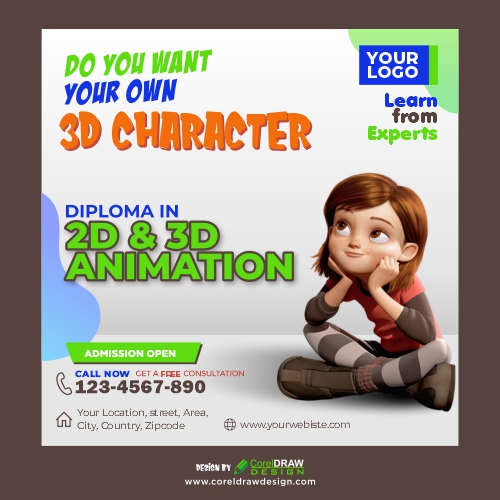2D, 3D Animation Institute Promotional Banner, Free Vector, CDR