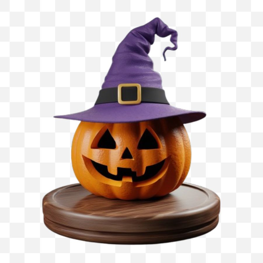 3D Render Of Pumpkin Wearing Witch Hat On a Wooden Slat Hd Png Download For Free