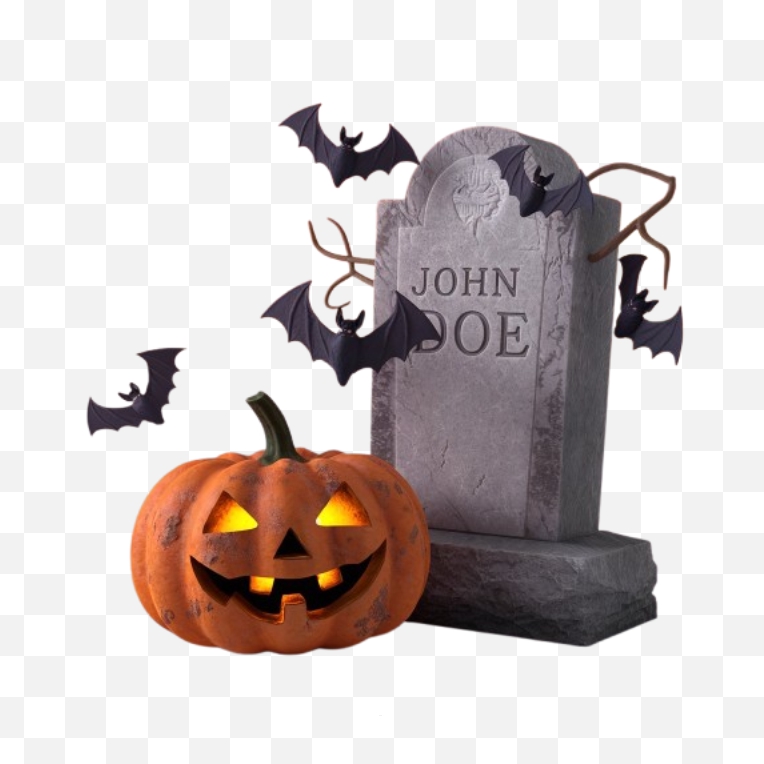 A 3D render of a grave atmosphere with a pumpkin and bats Png Download For Free