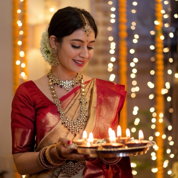 A Beautiful Indian Woman Wearing a Red and Golden Saree Hd Image Download For Free