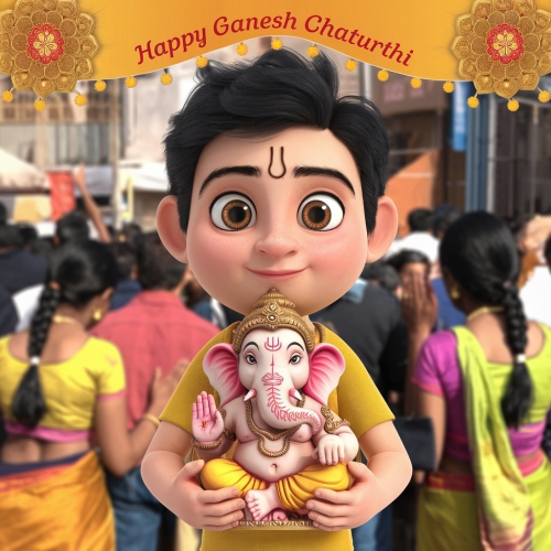 A Cartoon 3D Render Boy Holding Ganesh ji In His Hand In Mumbai Streets High Quality Image Download For Free