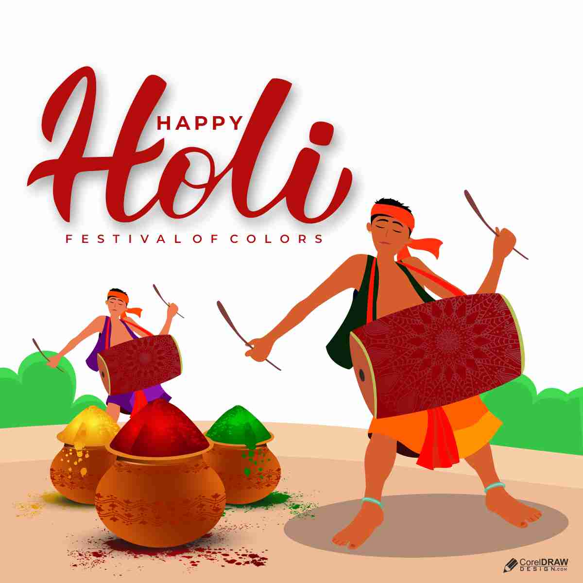 a man playing drum for Happy Holi celebration vector image design