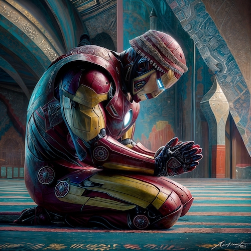 A powerful iron man offering namaz in a mosque and praying in an Islamic outfit