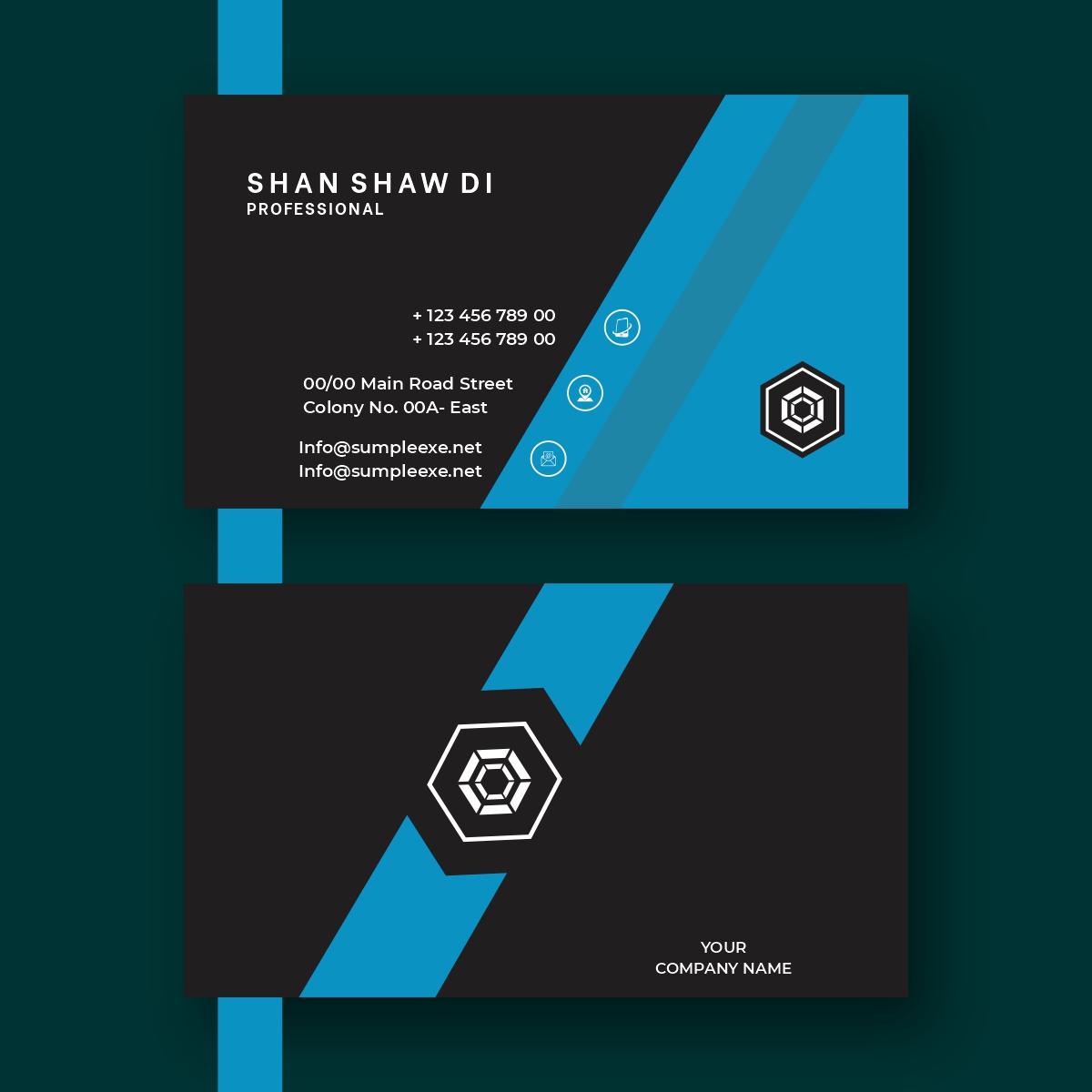Abstract Black Business Card With Blue Shade Free Vector