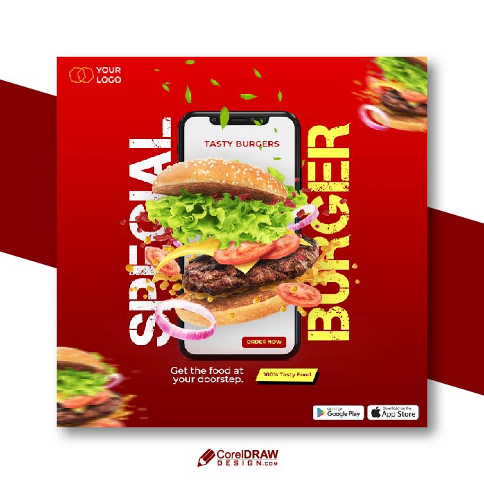 Abstract colorful food burgers social media banner poster free psd