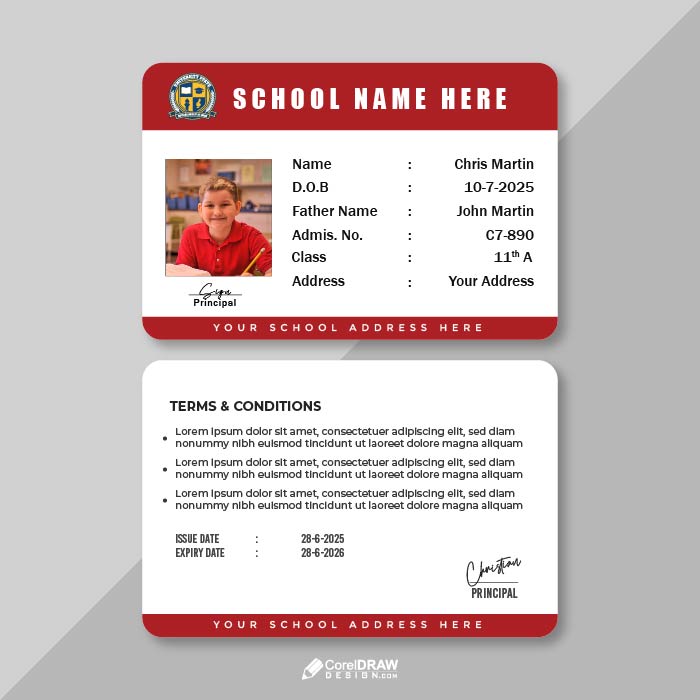 Abstract Red School Student ID Card Vector Template
