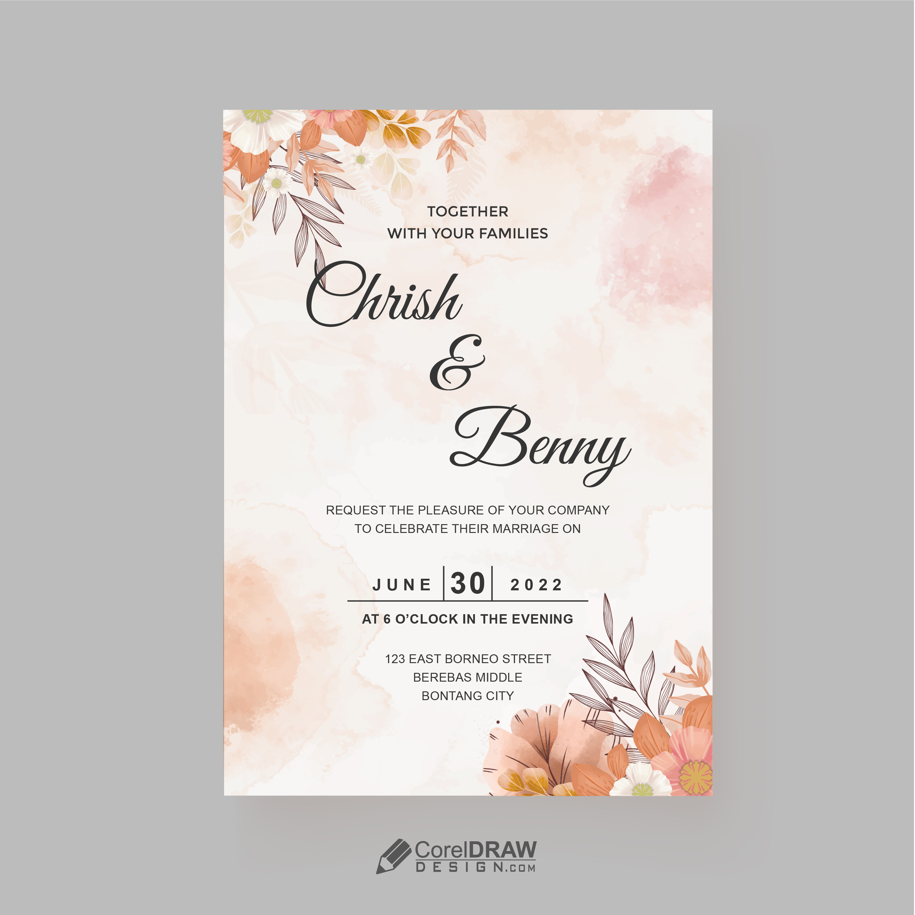 Abstract Wedding Beautiful Flowers Invitation Card Vector
