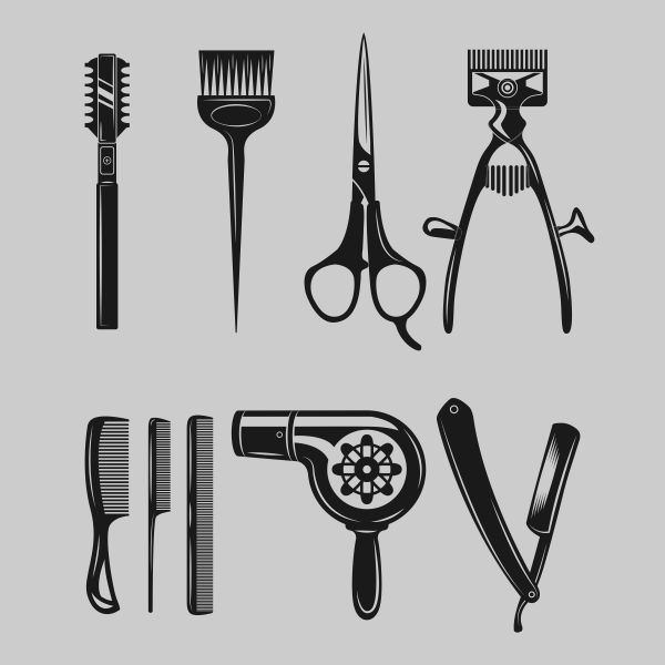 Barbershop equipment, tools, cosmetics icons on Grey background design CDR file download for free