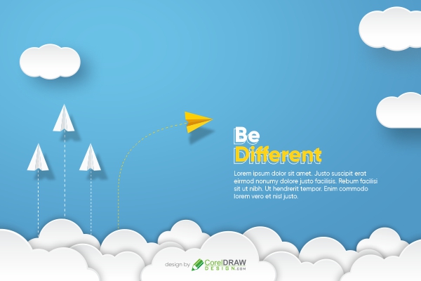 Be the Different- Business teamwork and leadership concept with Yellow paper plane change direction from the white group. Paper art vector illustration Free CDR.zip