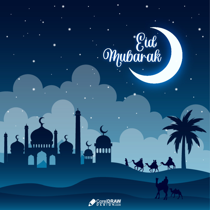 Beautiful Eid Mubarak Desert Starry Night Sky Vector