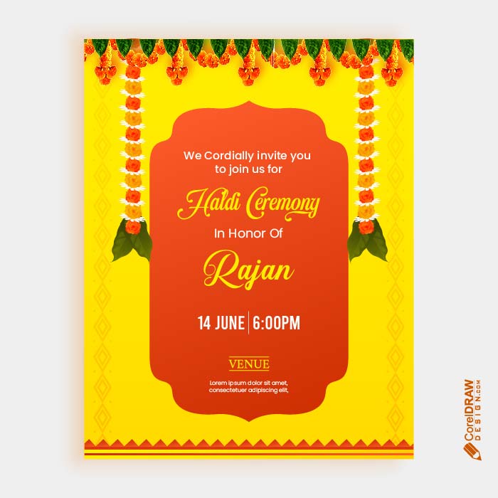Beautiful Elegant indian wedding haldi invitation card free vector with elements