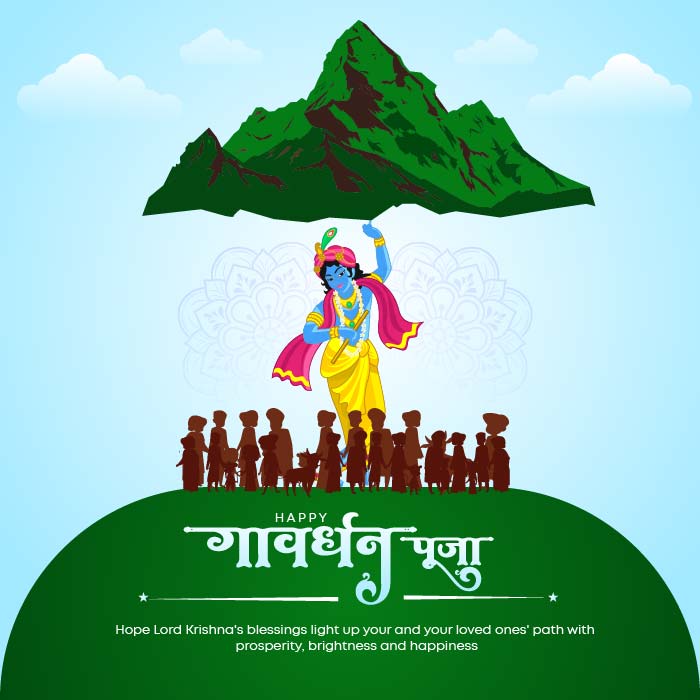 Beautiful indian festival govardhan puja in hindi text with banner template