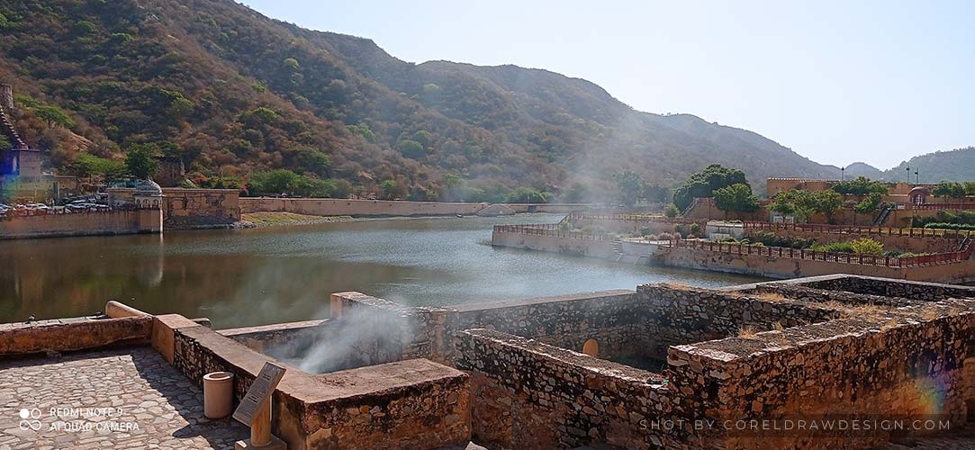Beautiful Lake infront of Amber Fort between mountains