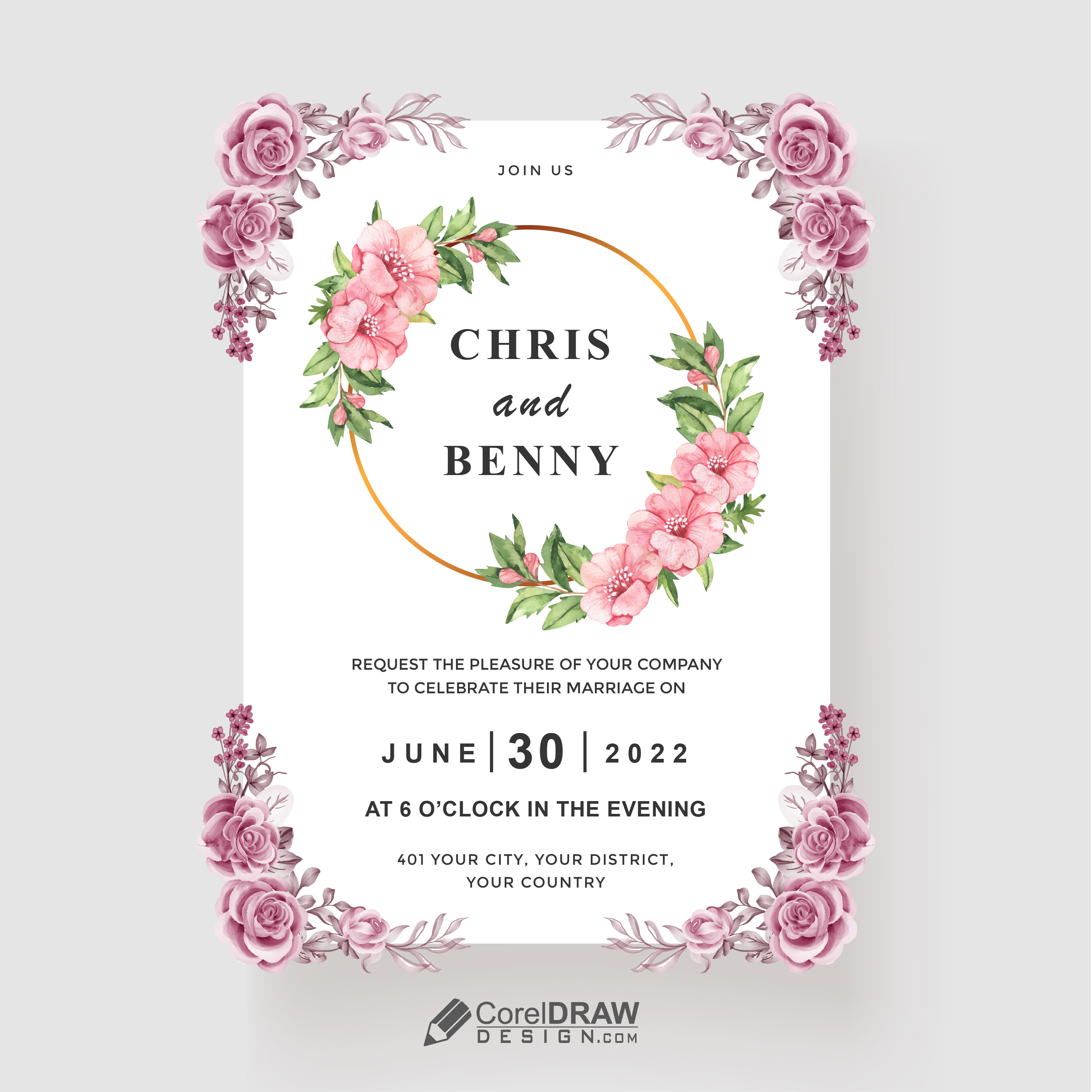 Beautiful Pink Roses Elegant Vertical Wedding Invitation Card