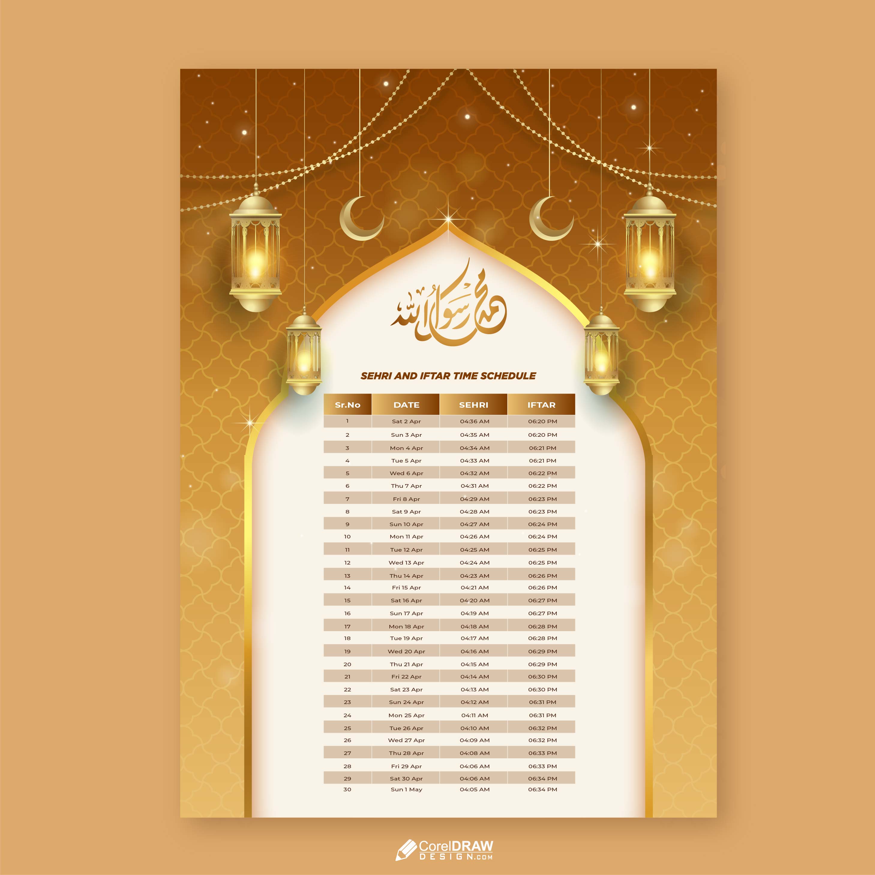 Beautiful Royal Ramadan Fast Schedule Vector