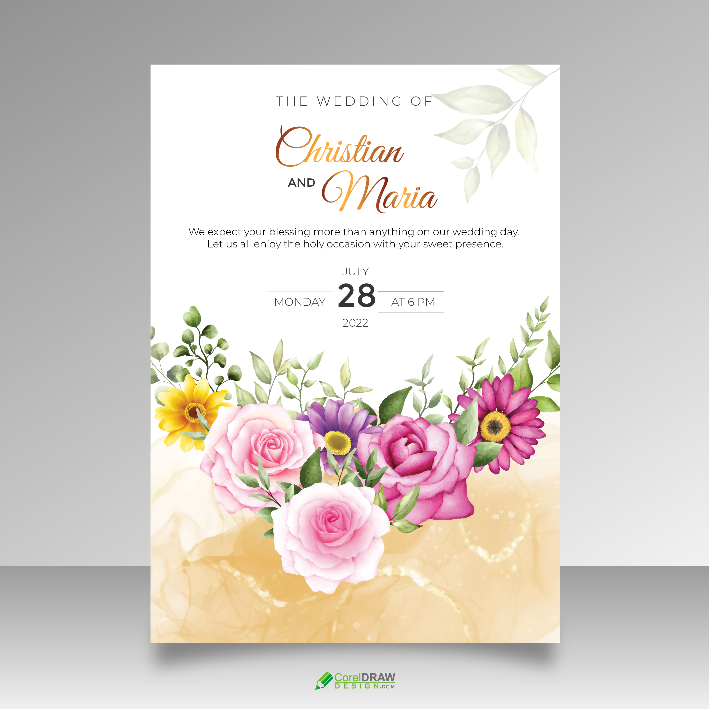 Beautiful Simple Floral Flower Roses Wedding  Invitation Card Vector Template