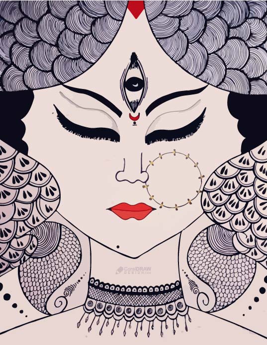 Image of Sketch Of Goddess Durga Maa Or Kali Mata Editable Vector Outline  Illustration-AT992797-Picxy