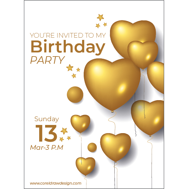 Birthday Invitation Balloon Party Date Golden Wishing Trending 2021 CDR File Free Download