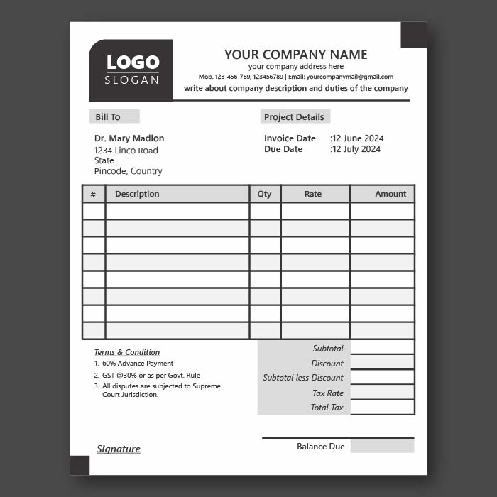 Black white Corporate Invoice Template Design  Vector
