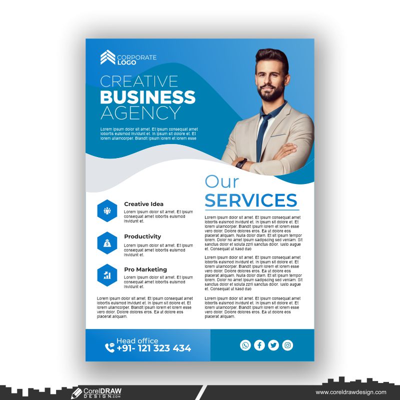 blue background business flyer design template premium flyer