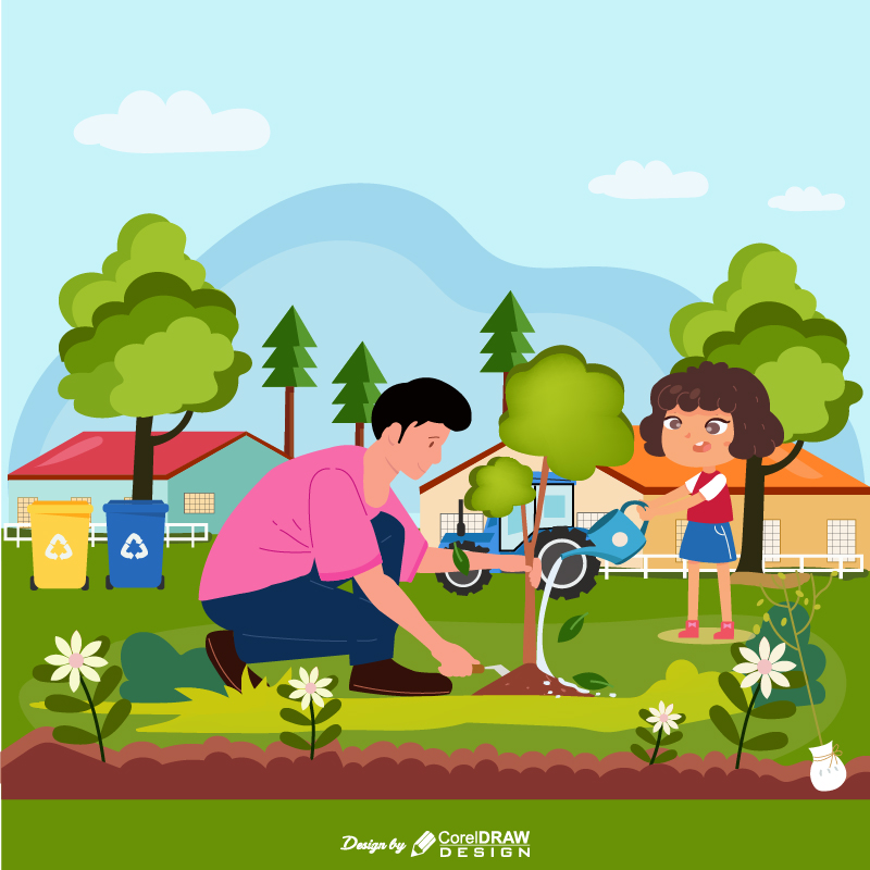 Boy & Girl Tree Planting Illustration Free Vector