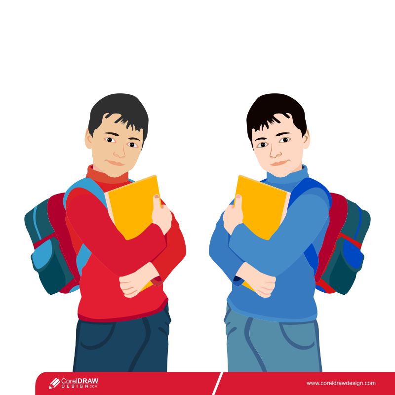 Cartoon Two Different Colored School Boy Carrying Backpack Premium Vector