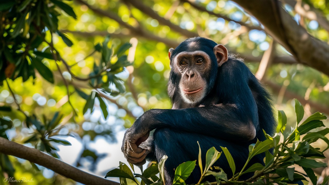 Chimpanzee sitting on the branch of tree wildlife photography