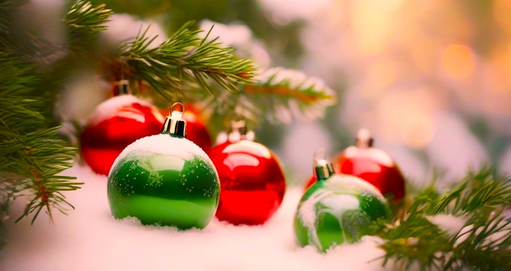 christmas and new year Red balls on fir branches, winter snowy backdrop festive winter season background