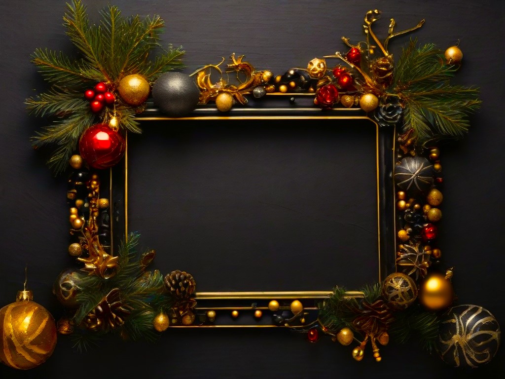 Christmas decoration frame with copy space on black background stock photo
