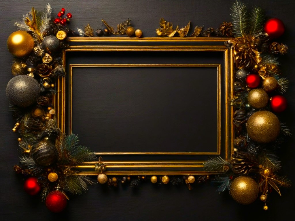 Christmas decoration frame with copy space on black background stock photo