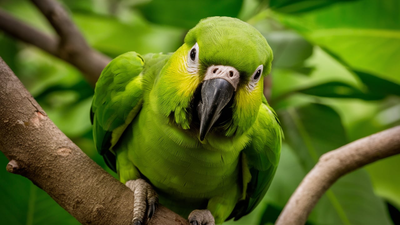 closeup of green parrot from front view