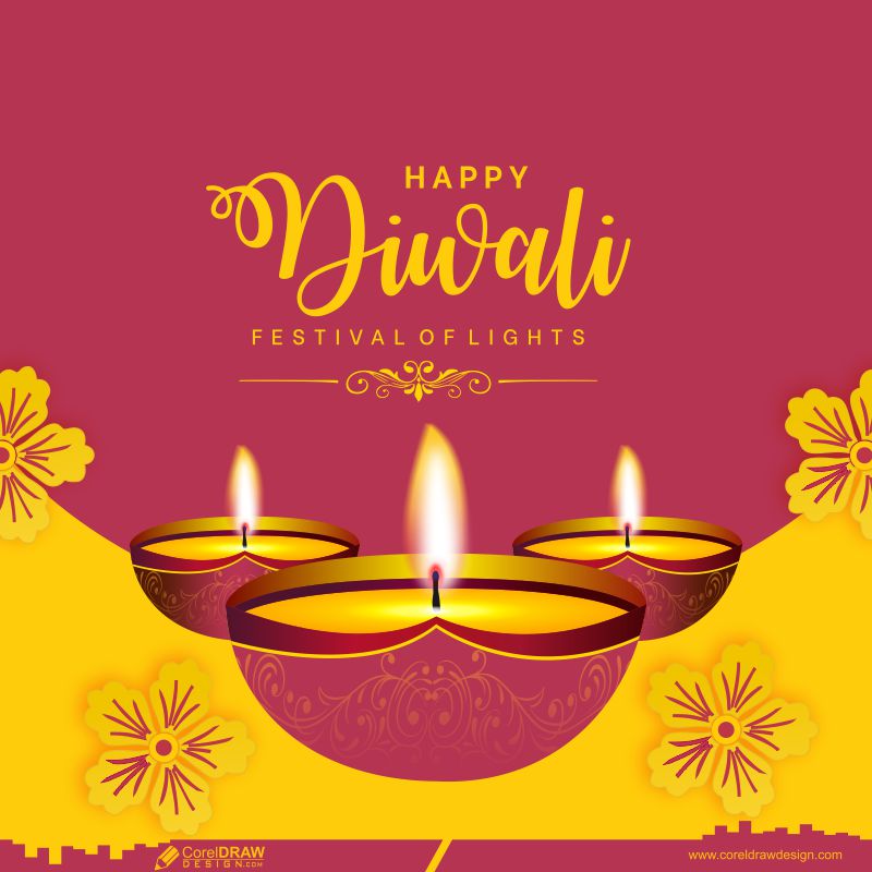 Colorful Diya with Happy Diwali Decorative Card Design Free Vector
