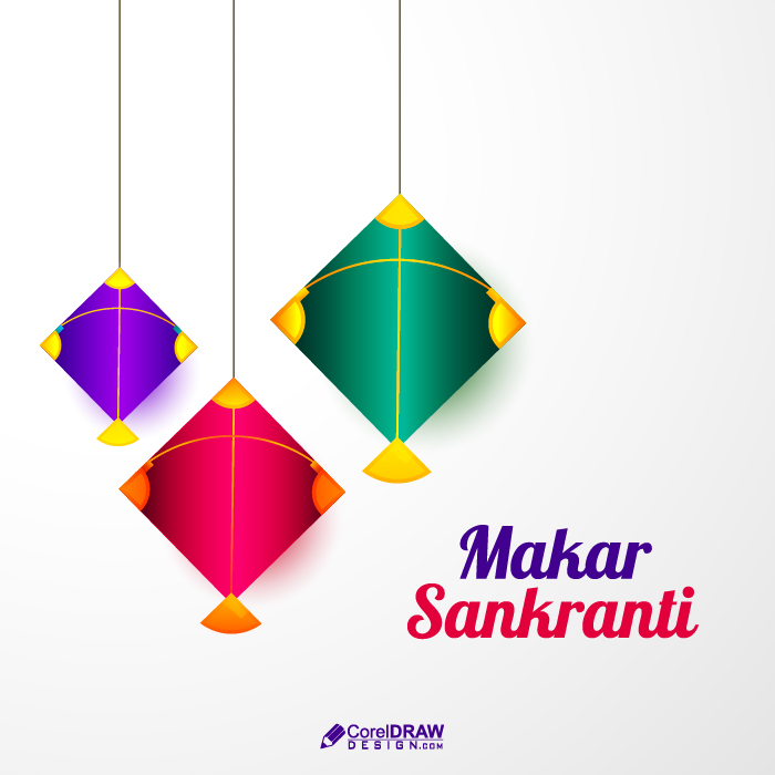 Colorful Kites Happy Makar sankranti vector lettering card