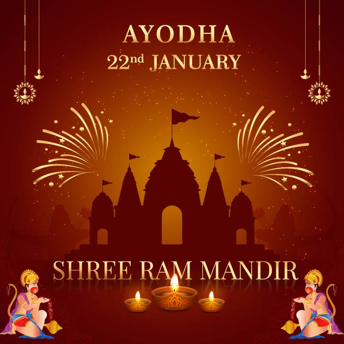 Creative ram mandir ayodhya invitation pran pratishtha vector banner
