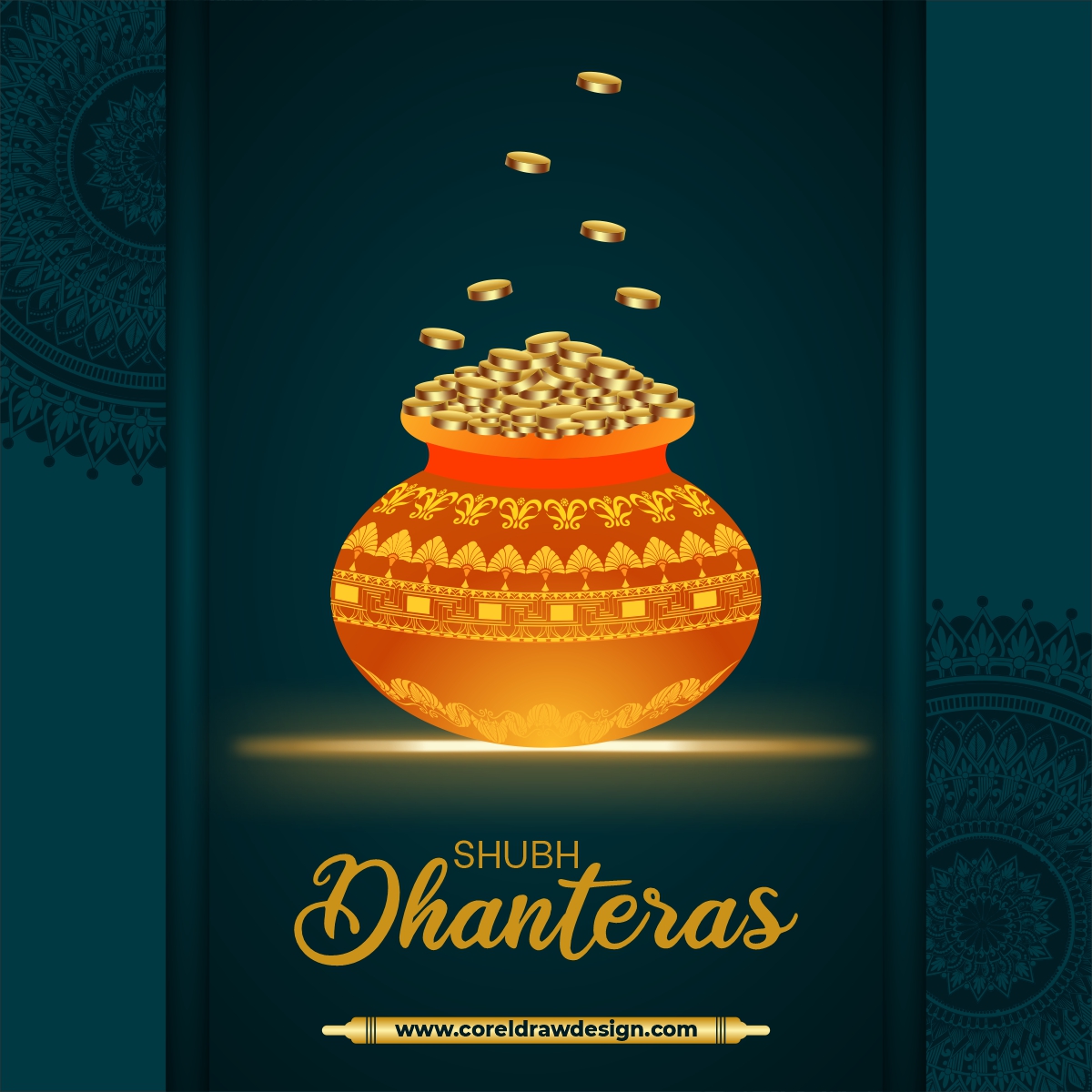 Dhanteras Festival Decorative Card With Golden Kalash Free Vector