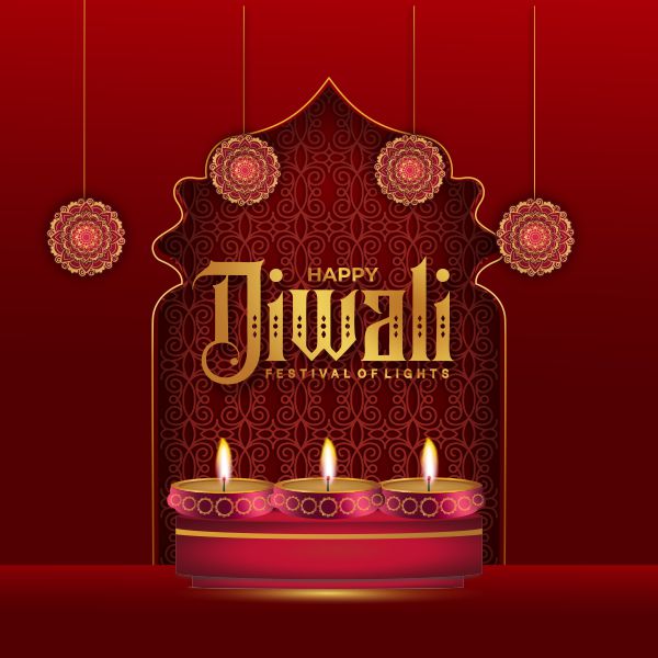 Diwali Decorative Wishing With Podium  Golden Diya Unique Red Background Premium CDR For Free