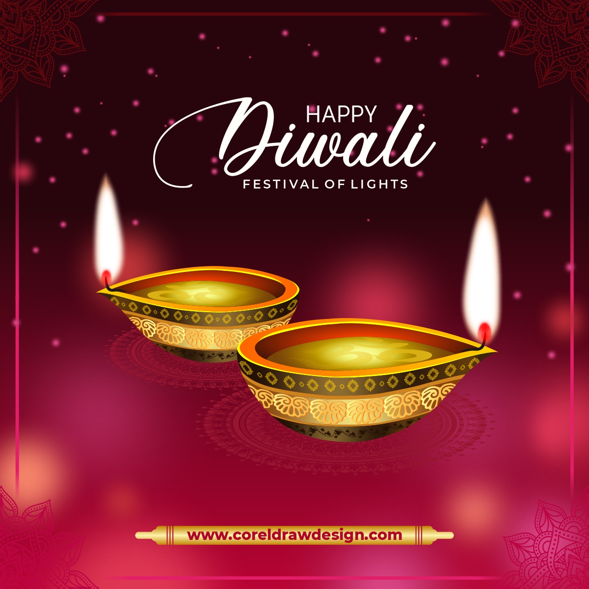 Diwali Diya With Frame Of Rangoli Decoration Premium Vector