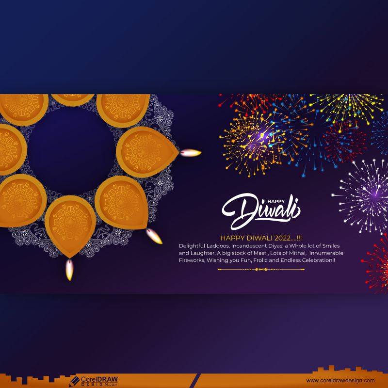 Diwali Traditional Diya & Decoration Mandala with Burning Lamps and Fireworks Vector