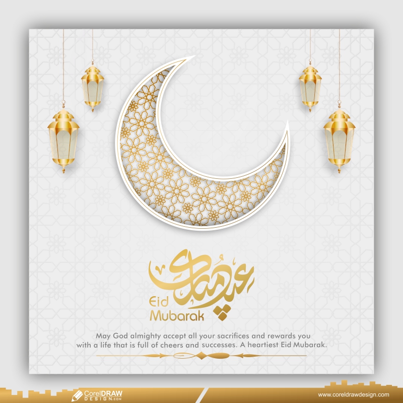 eid mubarak greeting islamic white background vector with arabic calligraphy