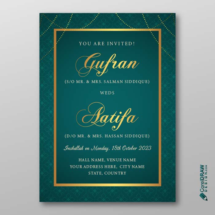 Elegant  Luxury muslim single sided golden wedding invitation card