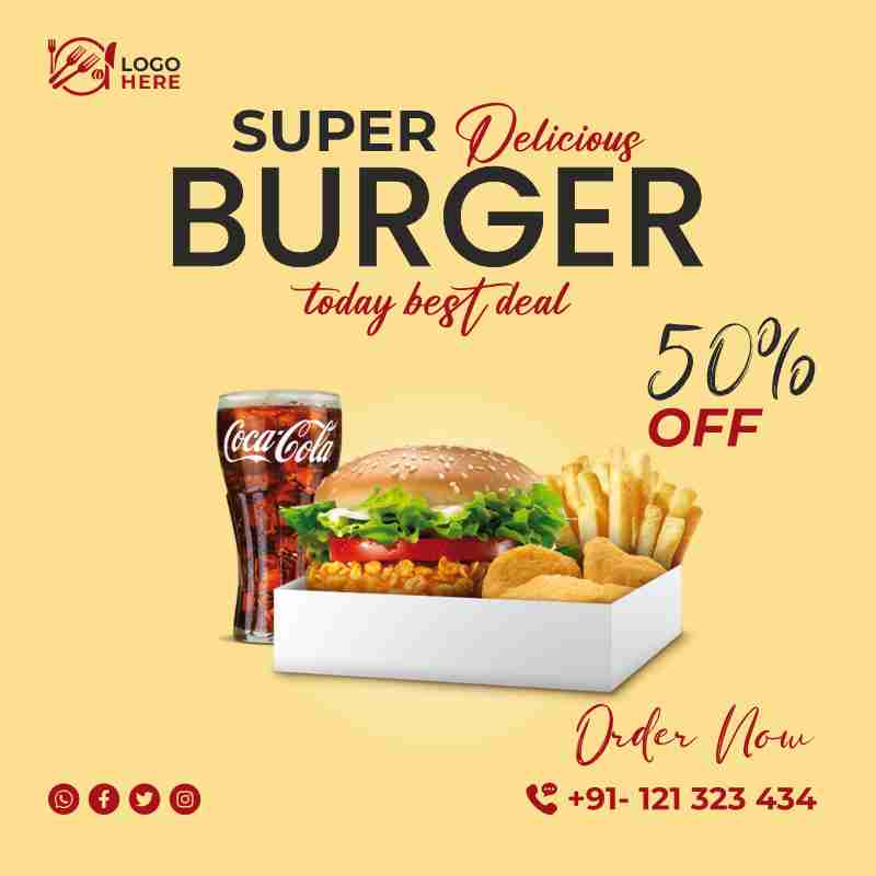 fast food offer banner post, burger with cooldrink poster design