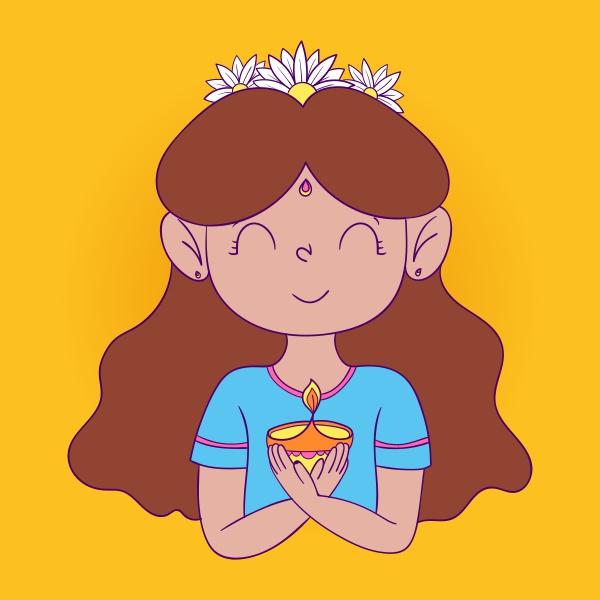 Free Vector illustration of a Girl Holding Diya In Her Hands 