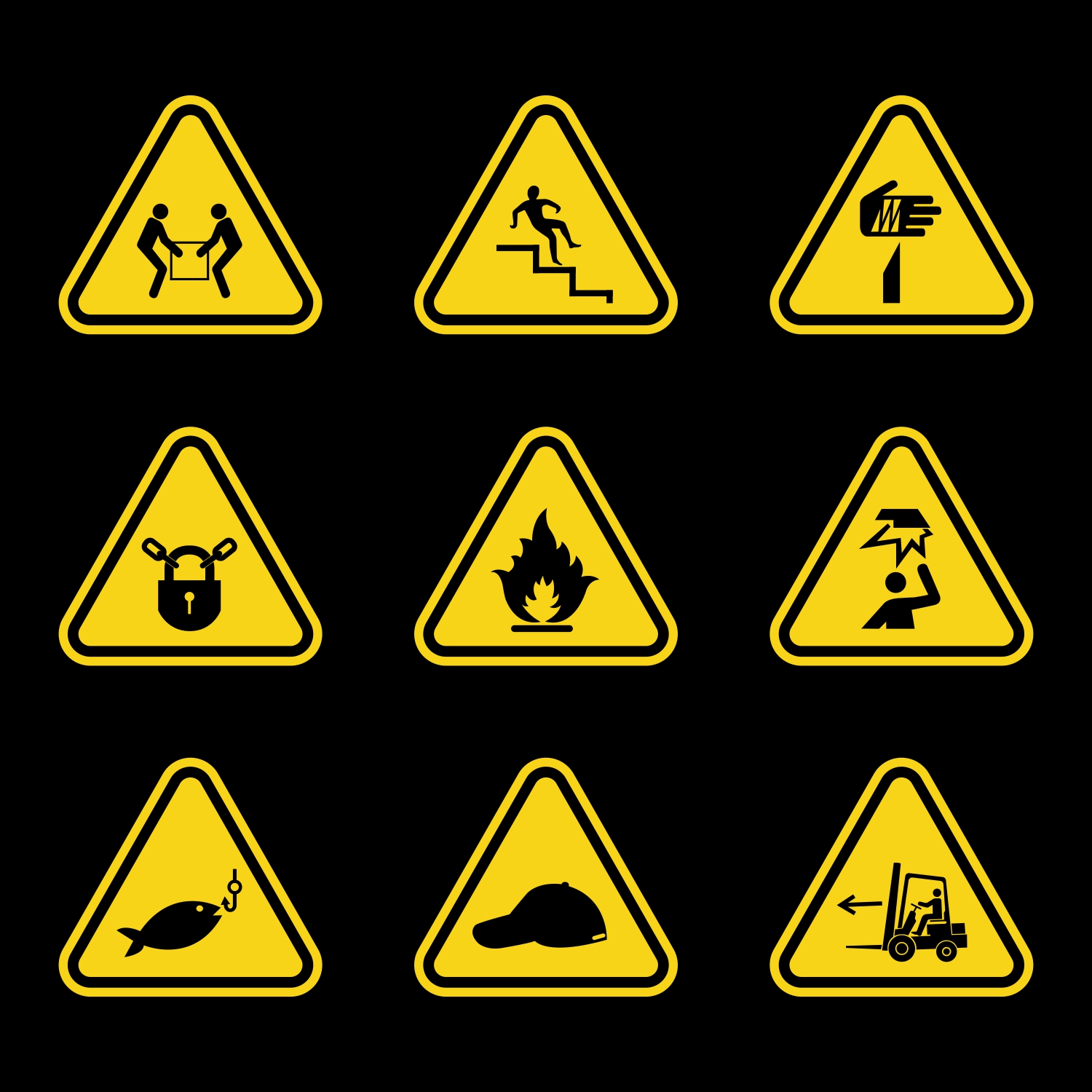 free vector Warning Sign Set with Black Icons in Yellow Triangle CDR file download for free