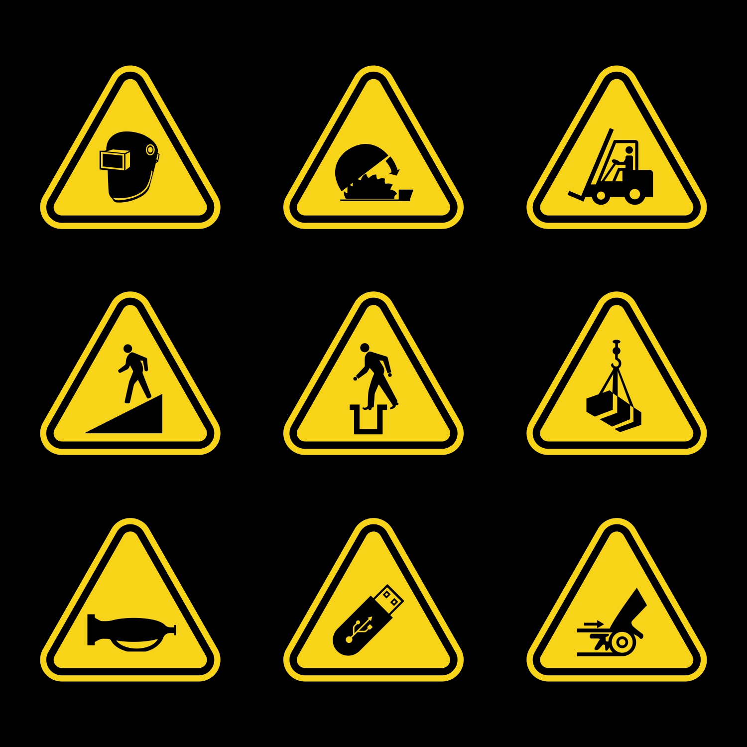 free vector Warning Sign Set with Black Icons in Yellow Triangle CDR file download for free