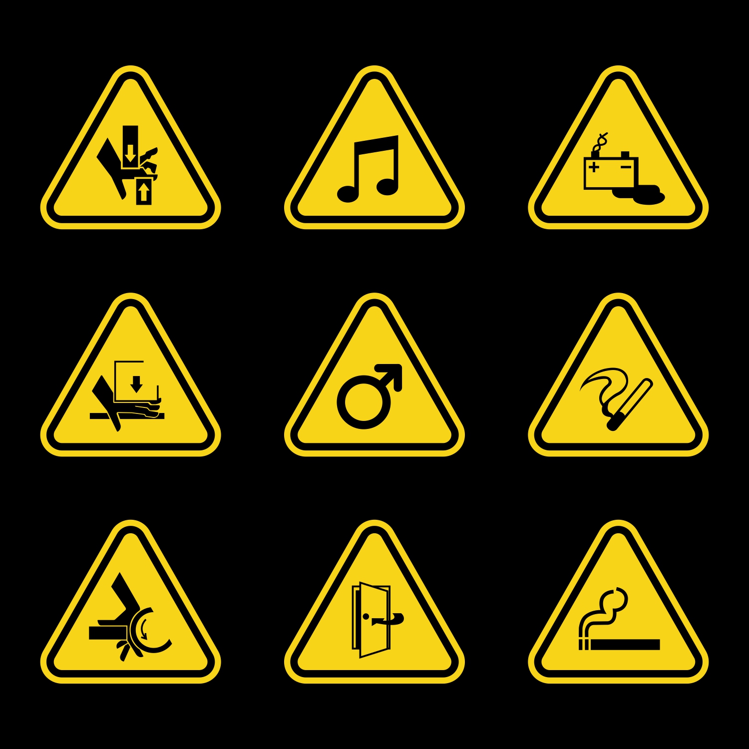 free vector Warning Sign Set with Black Icons in Yellow Triangle CDR file download for free