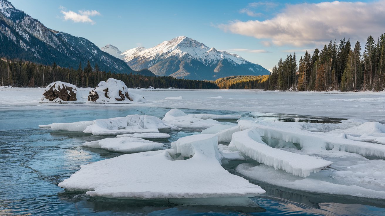 Frozen lake with mountain in background 4k stock image