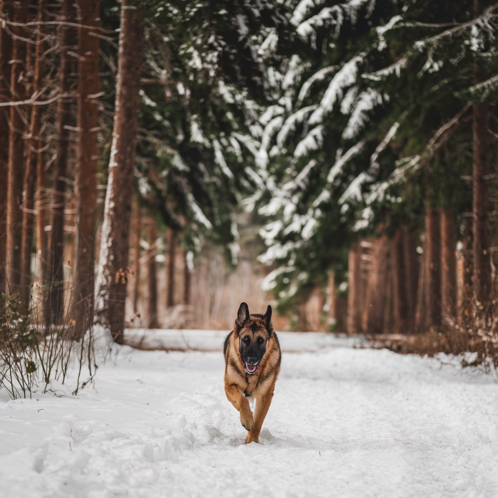 German Shepherd running through the woods